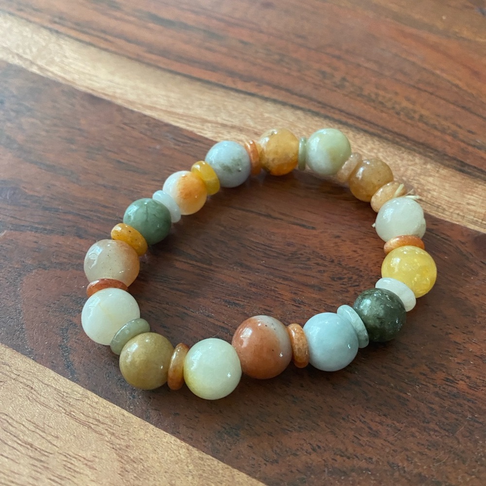 Boho Beaded Jade and Quartz Round Rainbow Healing Bracelet